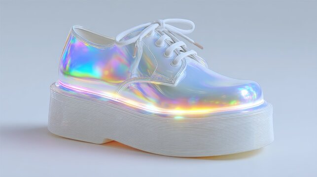 Holographic platform shoes with white laces on a white background
