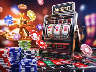 Excitement at the casino with spinning slot machine and chips