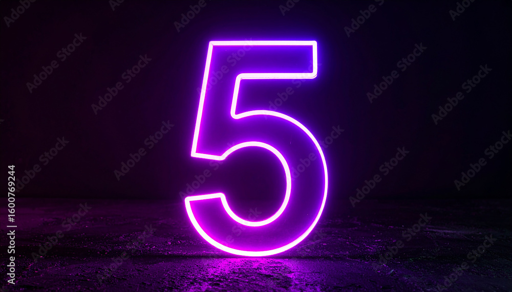 Fototapete glowing neon number 5 five, bright light. 3d rendering. dark backdrop.