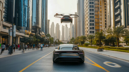 Naklejka premium An advanced electric car hovers smoothly over a magnetic road, surrounded by sleek, futuristic buildings reaching toward the sky. Daylight enhances the innovative design of urban mobility