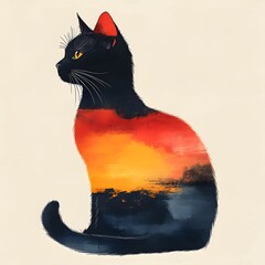 A stylized illustration of a black cat in a flat design style, featuring a vibrant watercolor sunset landscape embedded within its silhouette.