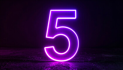 Glowing neon number 5 five, bright light. 3D rendering. Dark backdrop.