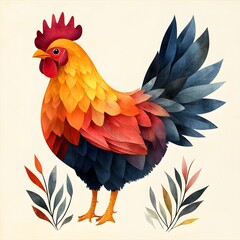 A vibrant rooster illustrated in a flat design style with watercolor textures, featuring colorful plumage in shades of orange, red, and blue, standing gracefully.