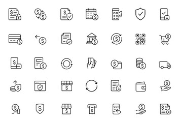 Secure financial transactions vector icon set: glyph pictograms of billing, currency exchange, invoice, scheduled deposit, terminal, split payment, confirmation, black silhouette illustration