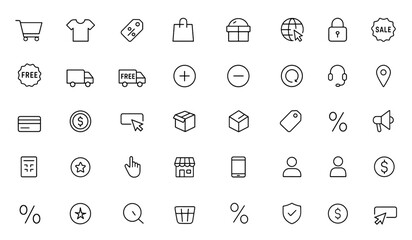 Online shopping icon set glyph: vector pictograms of product, discount, offer, sale, free shipping, delivery, add, remove, return, customer support, map pin, black silhouette, ecommerce and more.
