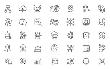 Vector line icons set for business automation featuring digital process, cloud computing, chatbot, optimization, intelligence, checklist, analysis, thin linear pictograms, technology, workflow