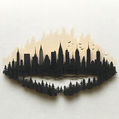 A minimalist paper-cut style illustration depicting the New York City skyline and iconic skyscrapers silhouetted against a warm sky, with a foreground of pine trees and water.