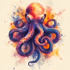 A vibrant octopus illustrated in a flat design style with dynamic watercolor splashes, showcasing a lively blend of purple, blue, and orange hues.