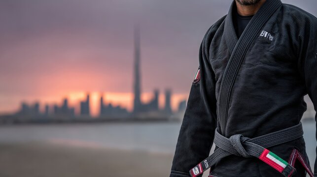 Jiu jitsu fighter in dubai wearing black gi at sunset
