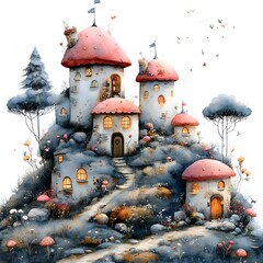A whimsical watercolor illustration of a fairytale mushroom village nestled on a hill, with glowing windows and a path winding through colorful flowers and trees.