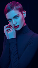Striking woman with short hair and red lips blue lighting pink lighting