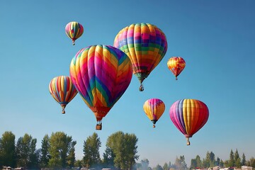Vibrant hot air balloons ascend in a clear blue sky, carrying passengers on an unforgettable...