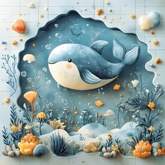 A whimsical flat-design watercolor illustration of a cute, chubby whale swimming in a whimsical underwater world with colorful coral, plants, and bubbles.