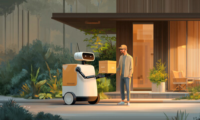 A delivery robot hands over a parcel to a person standing outside a modern home. Surrounded by greenery, the setting highlights a calm morning.