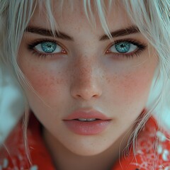 A captivating close-up portrait of a woman with striking blue eyes, light eyelashes, freckles, and light-colored hair, looking directly at the viewer.