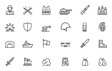 Military war icon set: vector thin line pictograms of soldier, battlefield, combat gear, weapon, defense equipment, tank, missiles, grenade, armed forces illustration, army symbols and more.
