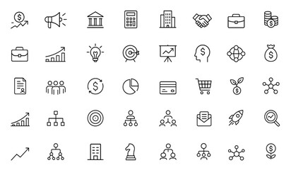 Finance and business icon set: vector glyph pictograms featuring investment, marketing, banking, accounting, corporate, calendar, handshake, money, briefcase, chart, black silhouette illustration,