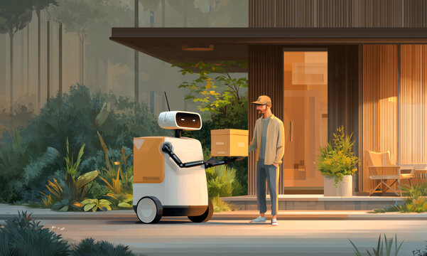 A delivery robot hands over a parcel to a person standing outside a modern home. Surrounded by greenery, the setting highlights a calm morning.