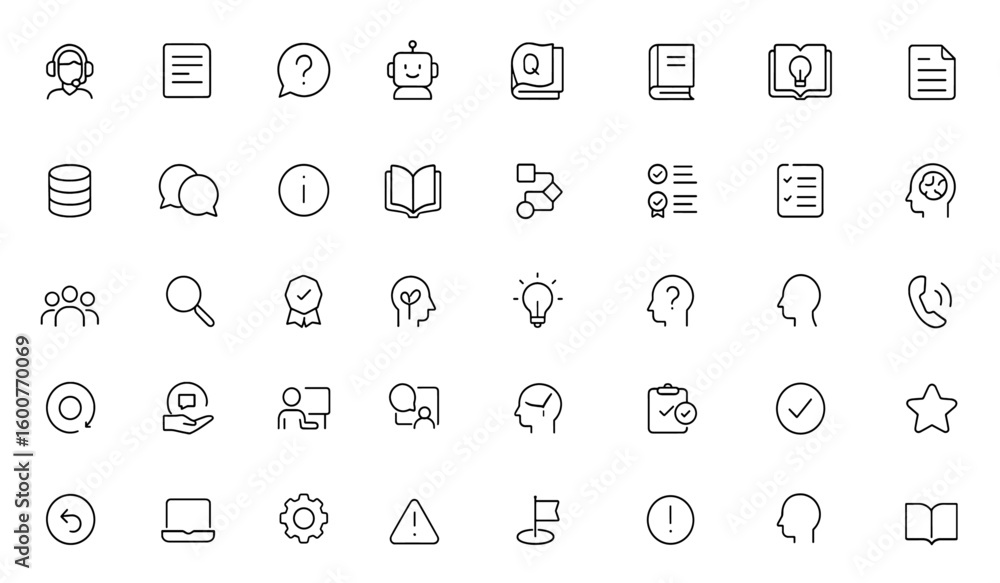Aufkleber help center icon set: vector glyph pictograms of support, documentation, faq, chatbot, tutorial, kno