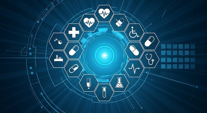 Centralized circular display of medical and healthcare service icons in hexagonal frames with a glowing blue core on a digital background