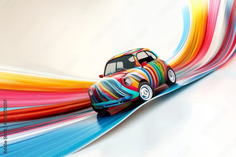 Poster this captivating image features a colorful retro car racing through a dynamic abstract background fi