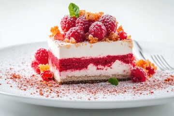 Delicious raspberry dessert served on a white plate