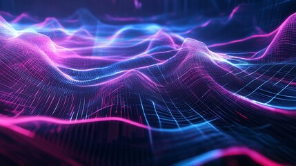 Abstract Digital Landscape with Glowing Wireframe Network and Gradient Colors