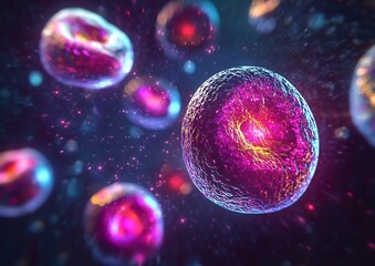 Fototapeta premium Vivid 3D Illustration of Human Cells with Colorful Nuclei in Microscopic View – Biology, Medical Research, and Cellular Science Concept