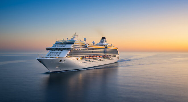 Cruise ship sailing at sea during sunset, a luxury travel vacation and cruise concept for exploration and recreation.