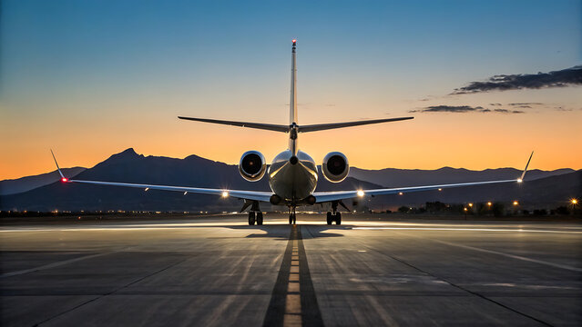 Private jet aircraft ready for takeoff on runway at dusk with dramatic sunset sky and mountain backdrop