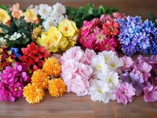 A vibrant collection of artificial flowers in various colors and sizes is displayed on a wooden table. The arrangement includes pink, yellow, red, and purple flowers, creating a cheerful atmosphere.