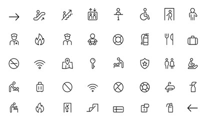 Wayfinding public space glyph icon set: vector pictograms of navigation, escalator, stairs, elevator, info desk, emergency, extinguisher, food court, black silhouette signs, symbols, guide, direction © Vintage Studio