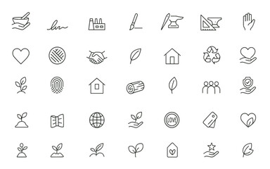 Vector icon set of ethical product line featuring thin linear pictograms of artisan craft, personalized signature, factory, paintbrush, needle, anvil illustration, design, handmade