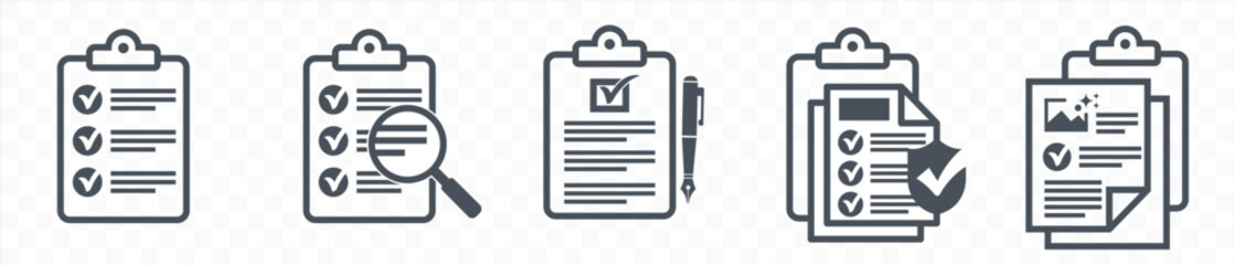 Clipboard with checklist icon set. Checklist on the clipboard line icon with checkmarks, checklist, document, pencil and pen. Clipboard outline icons. vector illustration.