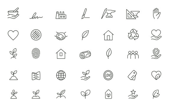 Vector icon set of ethical product line featuring thin linear pictograms of artisan craft, personalized signature, factory, paintbrush, needle, anvil illustration, design, handmade