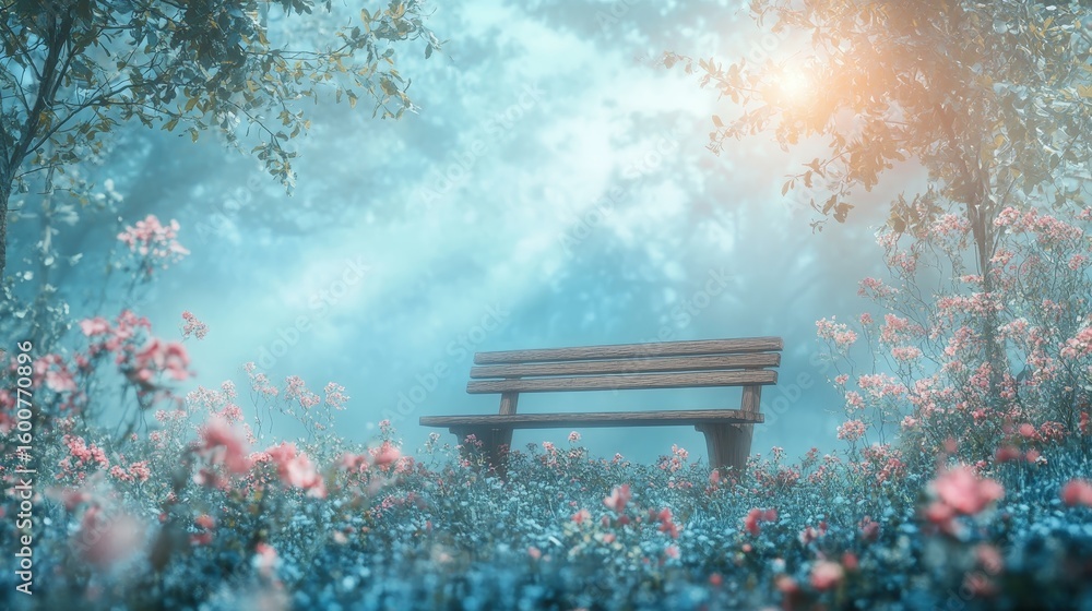 Aufkleber bench is in a field of flowers with a blue sky in the background. the bench is empty and surrounded 