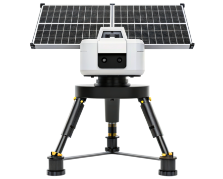 Solar-powered surveillance camera on a tripod for remote security on a transparent background