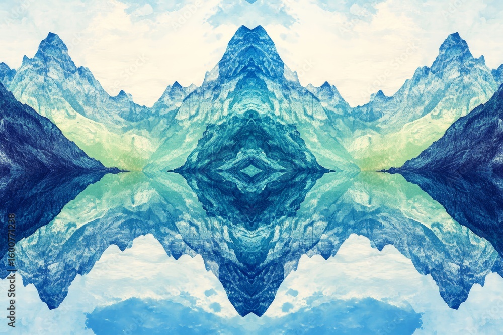 Poster mountain range is reflected in a body of water. the reflection is a beautiful and serene image, with