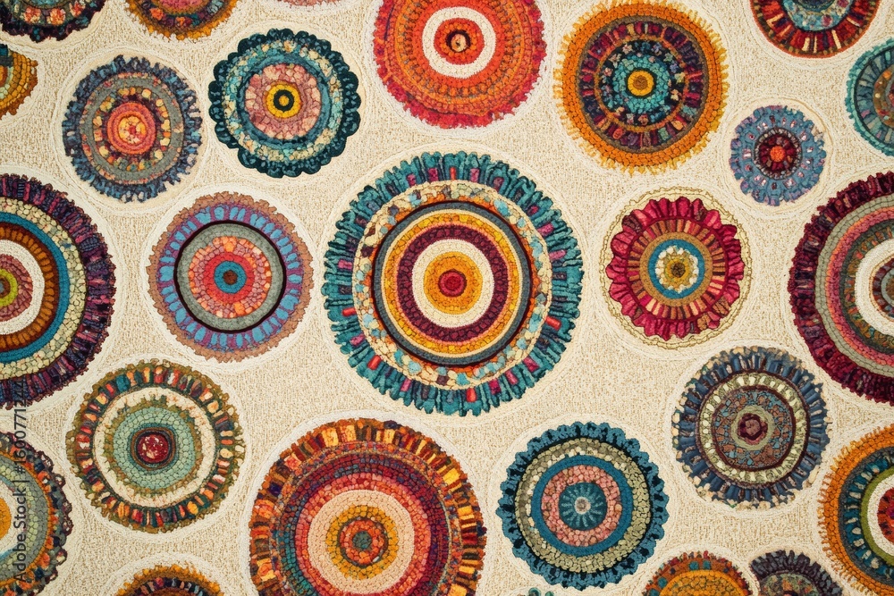 Aufkleber colorful rug with many different colored circles. the rug is made of many different colors and patte