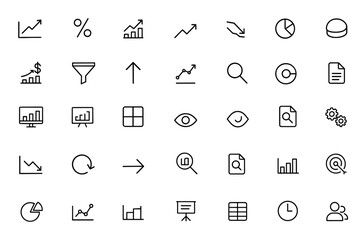 Analytics vector icon set: glyph pictograms of trend, percent, growth graph, decline, segmentation, arrow, filter, magnify, analysis, document, black silhouette signs and more.