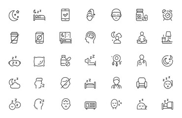 Night time health and sleep hygiene icon set with thin linear vector illustrations. Includes pictograms of habits, routine, disorders, apnea, anxiety, supplements, schedule, doze aids and more.