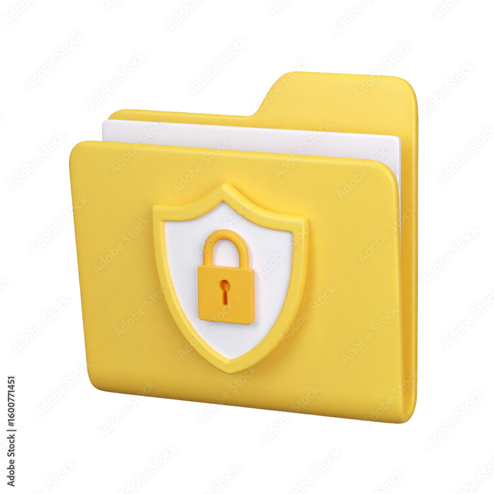 Poster 3d rendered yellow folder icon with white shield and gold lock representing data security and protec