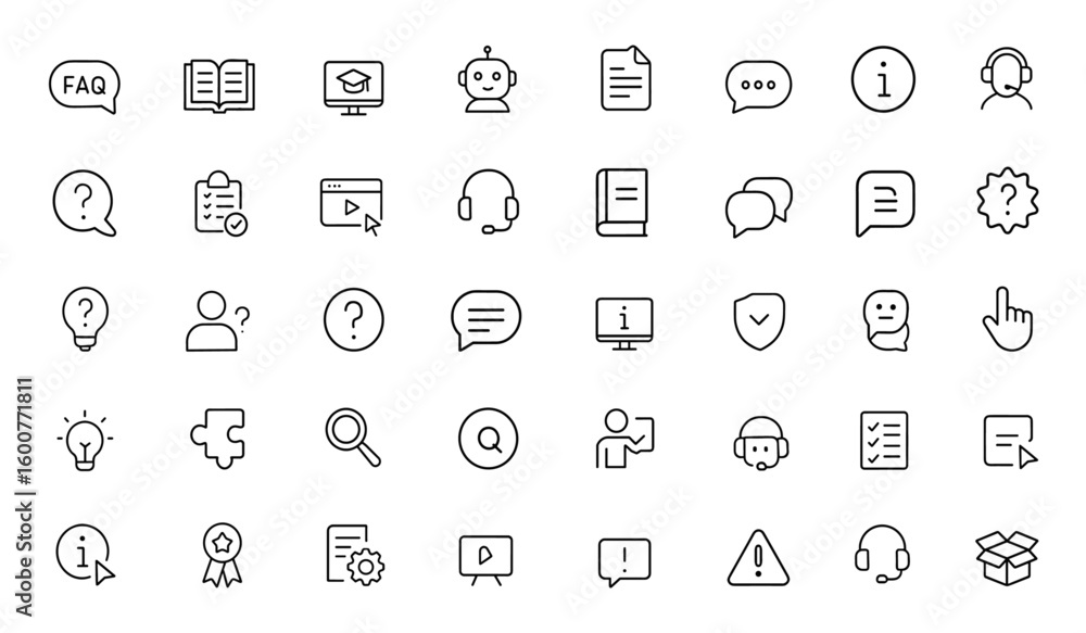 Poster help center and support icon set — vector glyph pictograms of faq, knowledge base, tutorial, chatbot