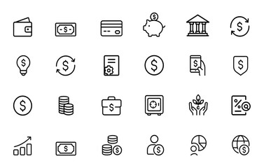 Money and finance icon set: black silhouette vector glyphs of wallet, cash, credit card, piggy bank, bar chart, banking, transactions, financial management illustration, economy, business and more.