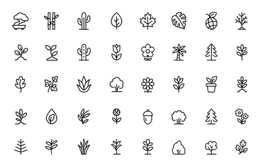 Vector icon set of plant and tree glyphs: bonsai, bamboo, cactus, leaf, maple, monstera, ecology, landscaping concept, black silhouette illustration, nature symbols, greenery design and more.