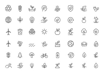 Sustainability icon set with eco-friendly vector pictograms, thin linear illustration of renewable energy, clean environment, agriculture, forest, climate, and save concept, line art, design, symbol
