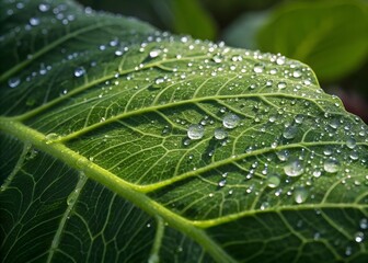 A vibrant green leaf is covered with sparkling water droplets, showcasing the intricate natural texture and freshness after rain or dew.