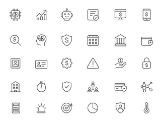 Finance AI icon set: thin linear vector illustration of fintech analytics, prediction, chatbot, checklist, transaction monitor, mobile app, chart pictograms, digital banking symbols and more.