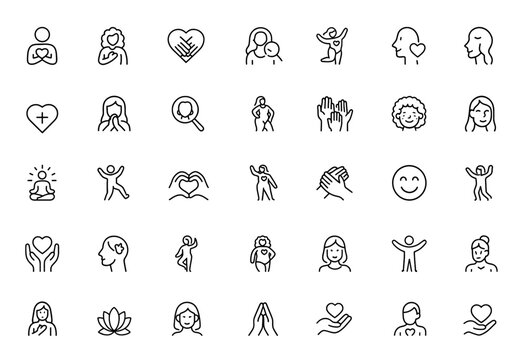 Body Positivity and Self-Love icon set. Vector line illustrations of mental well-being, inclusivity, self-acceptance, curvy silhouette, diversity, curly hair, freckled face, pictograms, and more.