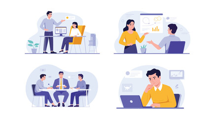 Office Collaboration Scenes — Set of Four Business Team Illustrations Depicting Meetings, Presentations, and Individual Productivity